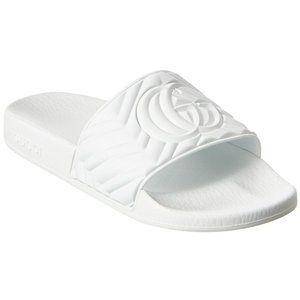 Gucci White Embossed Camellia Slide Sandals